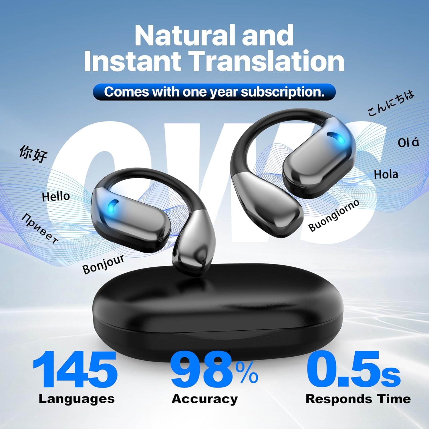 AI Language Translator Earbuds, OWS Real-Time 3-In-1 Translation Earbuds 144 Languages & Accents, Translation Device for Travel Business Learning, Black